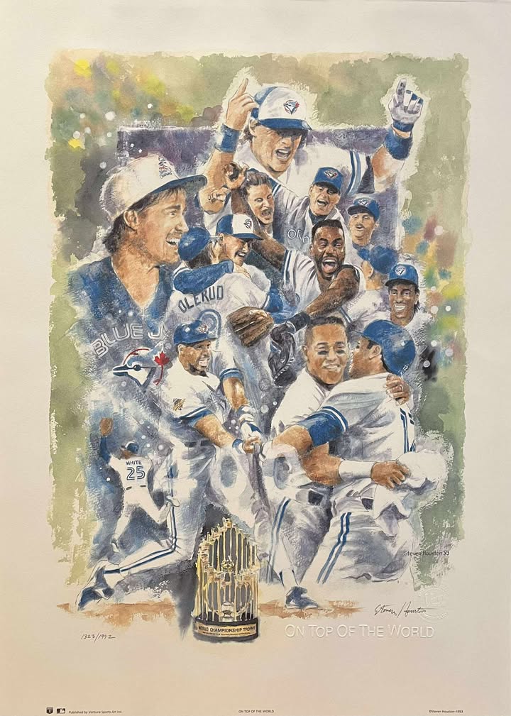 Illustration of a baseball team celebrating with a trophy, featuring players in blue and white uniforms.