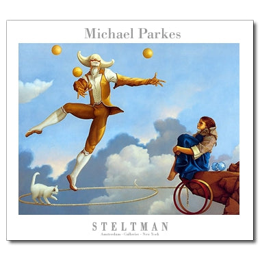 A juggler in a white and yellow outfit which covers his entire body juggles three gold balls. He stands on one foot on a looped rope in the middle of the sky, the rope anchored to a rock jutting out. A white cat walks along the rope. A young woman in a blue dress sits of the edge of the rock and looks up at the juggler. Fluffy clouds against a blue sky can be seen in the background.
