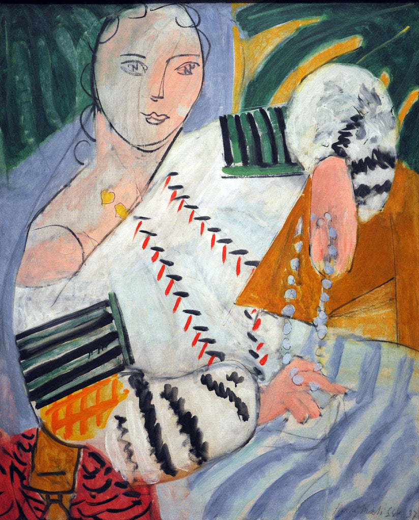 An expressionist portrait of a woman in a white blouse with red stitching.