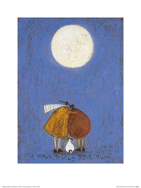 A man in a mustard coat has his arm around a round woman in a brown coat lovingly. Their white dog sits between them. The stand under a full moon. Set on a blue background.
