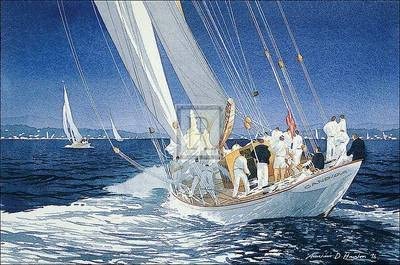 Men on a white sailboat in the middle of the water as they race other sailboats in the background.