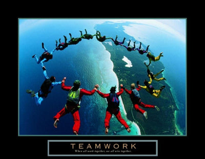 A circle of skydivers holding hands. The dive above a long island with a blue ocean surrounding it. Under the image reads "Teamwork; When all work together, we all win together"