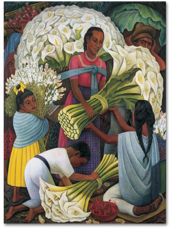 A tan woman in a pink shirt and purple dress with a bundle of white flowers tied to her back with a blue ribbon. She hands a bundle to a young woman with her black hair in two braids and in is a blue shawl. A young girl with her hair up holds a bundle. She is in a blue shawl and yellow dress. A boy holds a bundle near the ground. He wears a white shirt and pants with a belt.