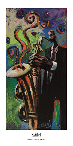 A black saxophonist in a suit plays his instrument. Orange lines curl out of the end of his saxophone. Set against an abstracted background.