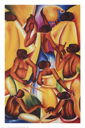 Black musicians, dressed in yellow and blues, play traditional instruments.