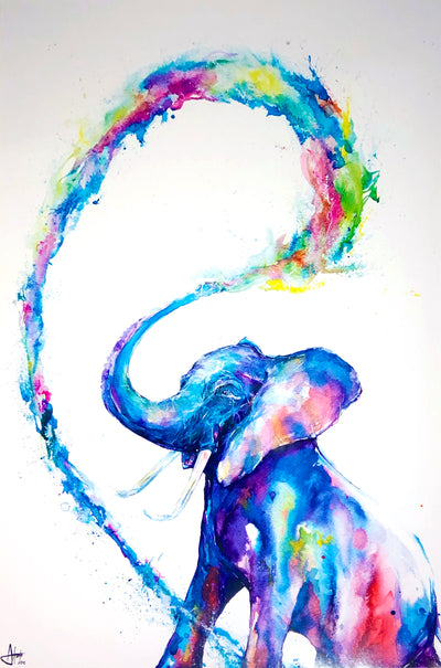 A blue-multicolour african elephant blows multicoloured water from its trunk.  Dimensions: 24" x 36" paper and image