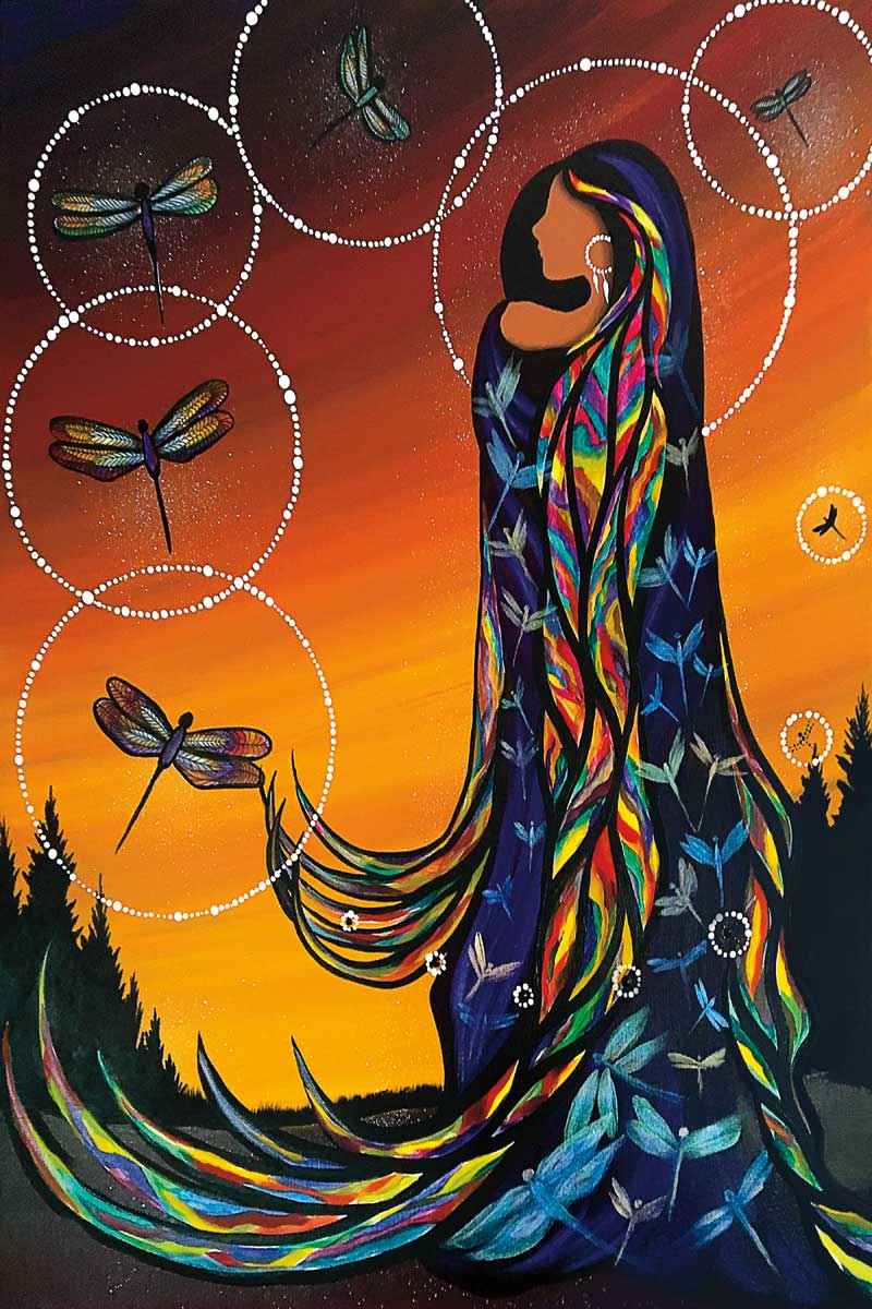 A woman in a gown with dragonflies on it, her head surrounded by a white halo. Dragonflies fly around her, surrounded by their own halos. Set against an orange sky.