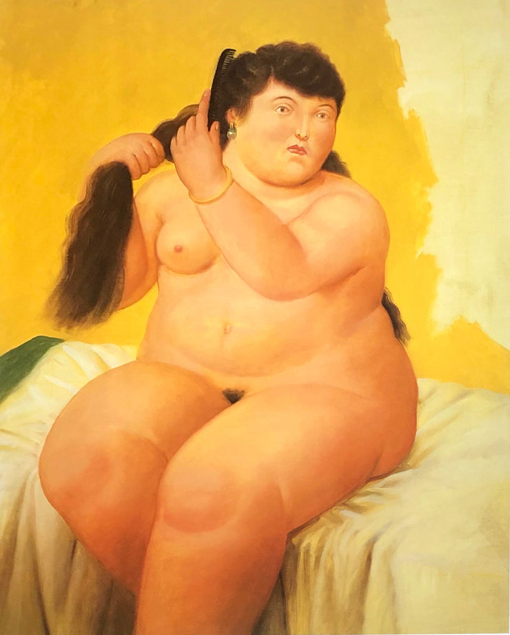A large, nude woman sits on a bed white she brushes her long, brown hair in front of a yellow wall.  Dimensions: 119.5" x 23"