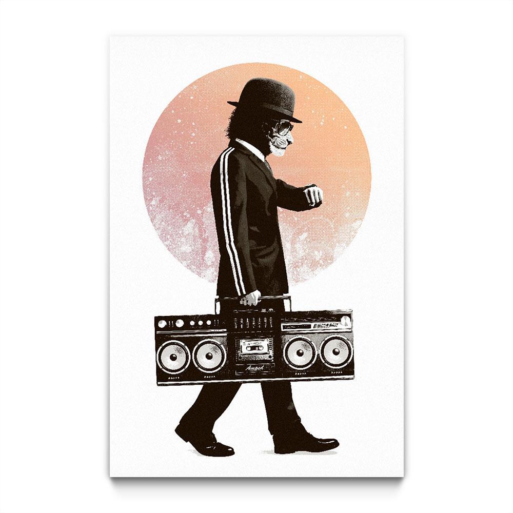 Black and white lion headed man in a bowler hat and black track suit with white stripes. He looks at his watch as he carries a boombox. A peachy circle is behind him.