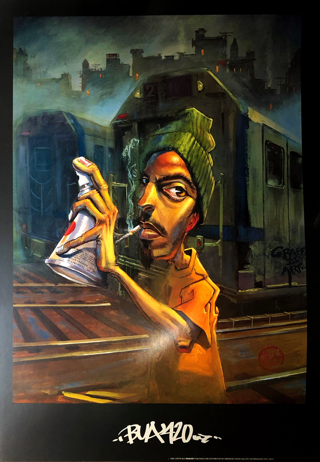 A slim black man in a green beenie and orange hold up a can of spray paint. He has a marijuana cigarette in his mouth. In the background is a train yard with shut-down trains and railroads. Even further back the city skyline.  Dimensions: 24" x 34"