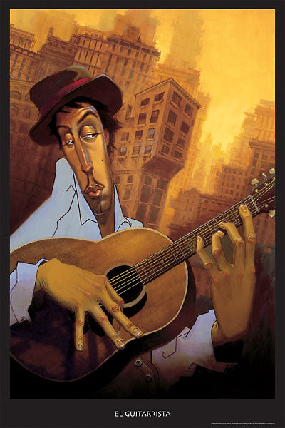 A tan man in a blue, collared shirt plays his acoustic guitar. An orange cityscape is behind him.