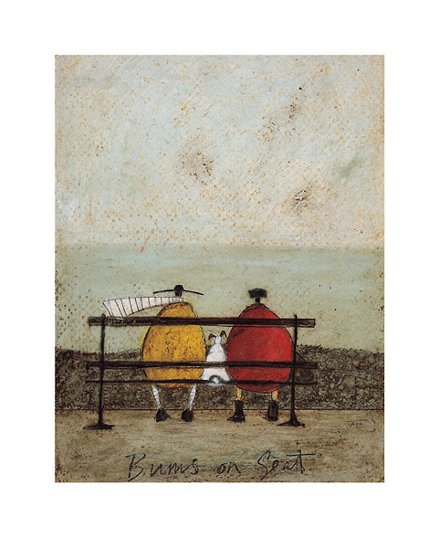 A man and a woman sit on a bench with their dog between them. They look out at the sea together. A short, stone wall separates them from the water. The man wears a mustard jacket, a scarf, and a wide brimmed hat. The woman wears a red coat and a fur hat. The dog is white with black ears.