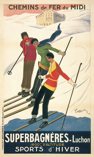 A snowy hill with a chalet at the top. Three people in colourful clothes ski down the hill. Text included on image.