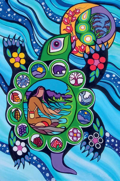 A turtle with thirteen (13) icons around its shell, an Indigenous person set in the center of the shell. The turtle swims towards a moon.
