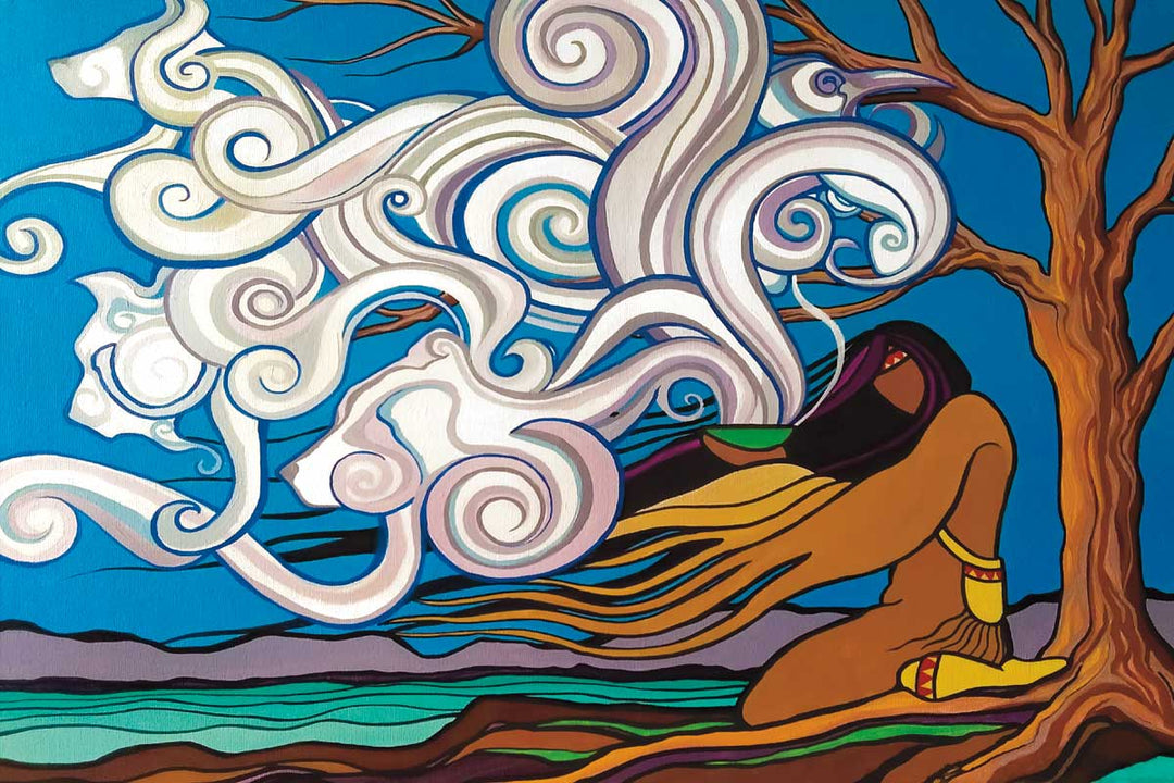 An Indigenous woman sits under a barren tree near a lake. White smoke curls and rises from the bowl she holds up.