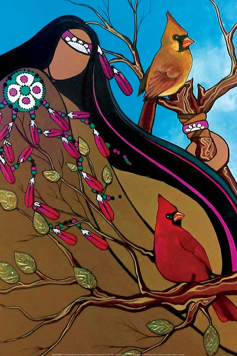 A woman with a couple of cardinals on tree branches around her.