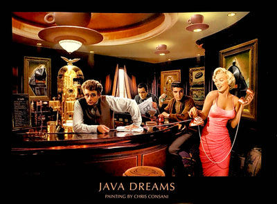 James Dean mans a coffee bar with a golden coffee maker. He is in a server uniform and wipes down the table and holds the chord of a pink rotary phone, the other end held by Marilyn Monroe. She is in a pink slips and smiles at Dean. Elvis Presley looks at Monroe. Humphrey Bogard looks over his paper at Dean.