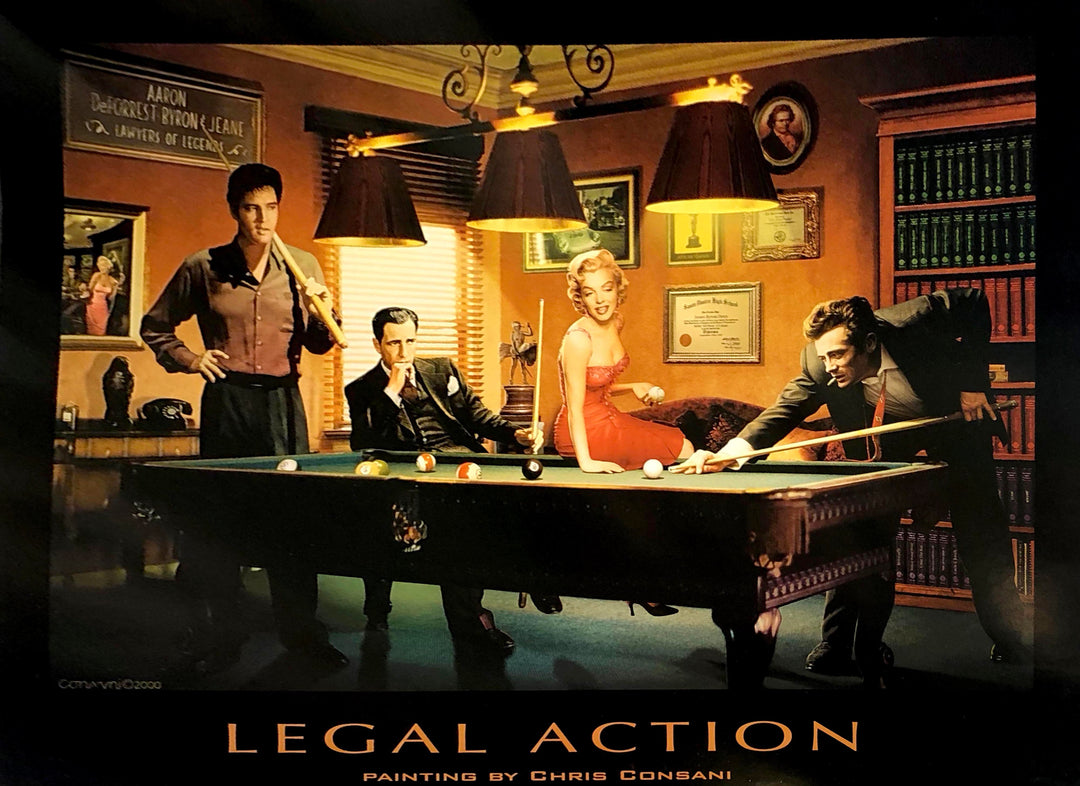 Elvis Presley, Humphrey Bogart, and James Dean play pool while accompanied by Marilyn Monroe. Elvis is standing and looks at either Monroe or Dean. Bogart does the same, but sitting. Monroe sits on the table holding a cue ball. Dean readies to hit the cue ball on the table. Pool balls are on the table
