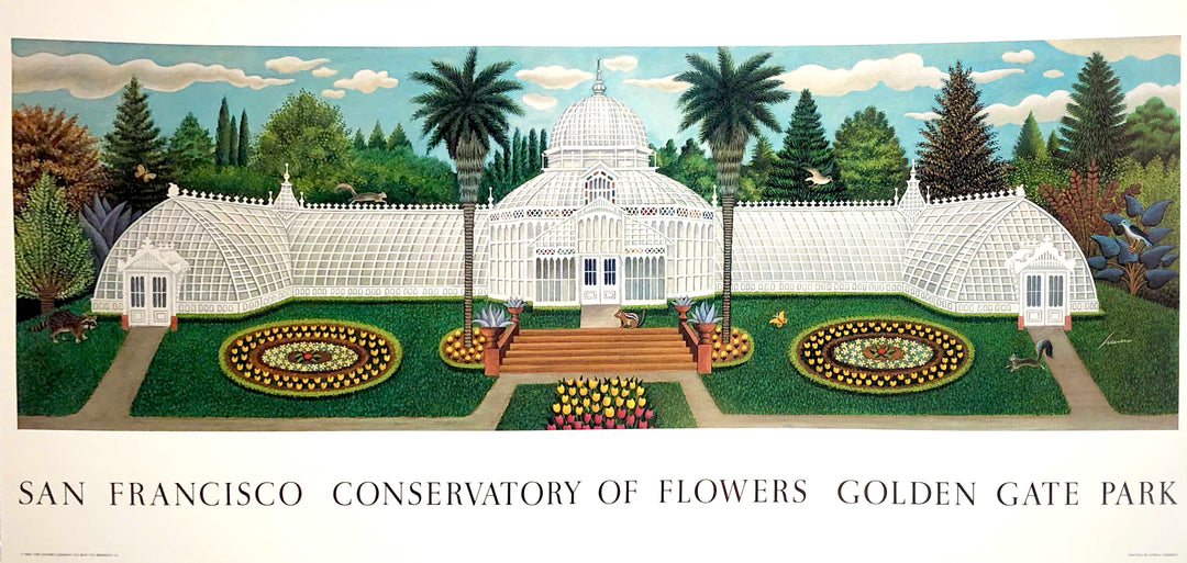 An illustration of a long white building with glass ceilings and walls. Palm trees stand on either side of the steps leading up to the building. Trees stand in the background.