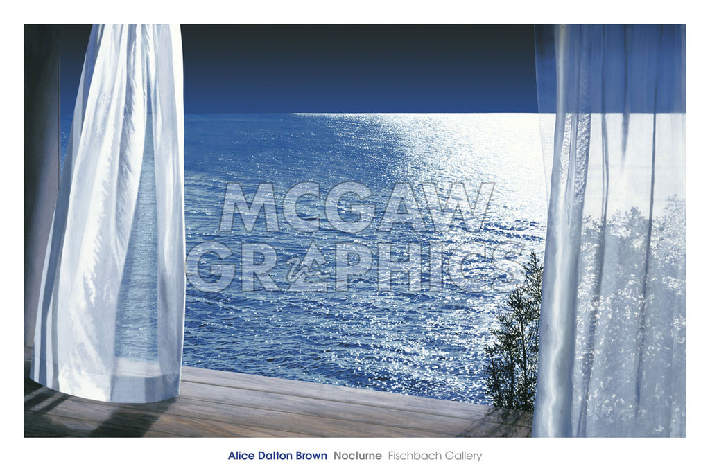 White curtains overlook a sea lit by moonlight. The water simmers in the blue night.