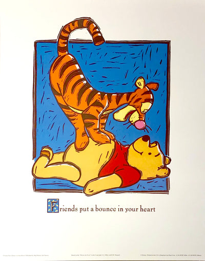 Tigger the tiger stands on Pooh the yellow bear's stomach, looking down at him with a smile as the bear smiles back.