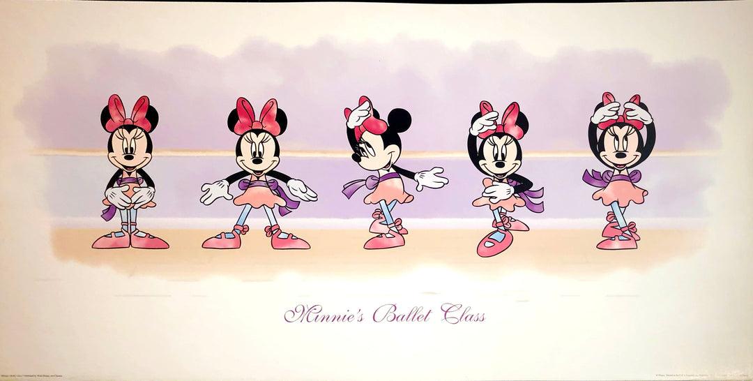 Minnie Mouse in a tutu doing ballet. There are five Minnies.
