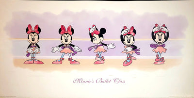 Minnie Mouse in a tutu doing ballet. There are five Minnies. 