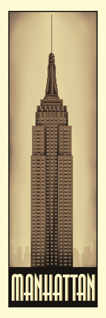 A sepia illustration of the Empire State Building. 'Manhattan' is labeled under the building.