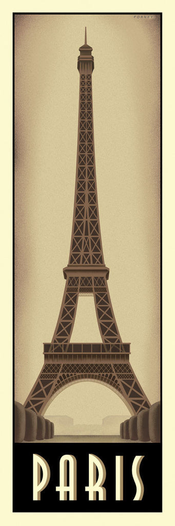 A sepia illustration of the Eiffel Tower. 'Paris' is labeled under the building.