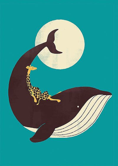 An illustration of a giraffe laying on the back of a whale. A pale moon encircles the whale's tale. 