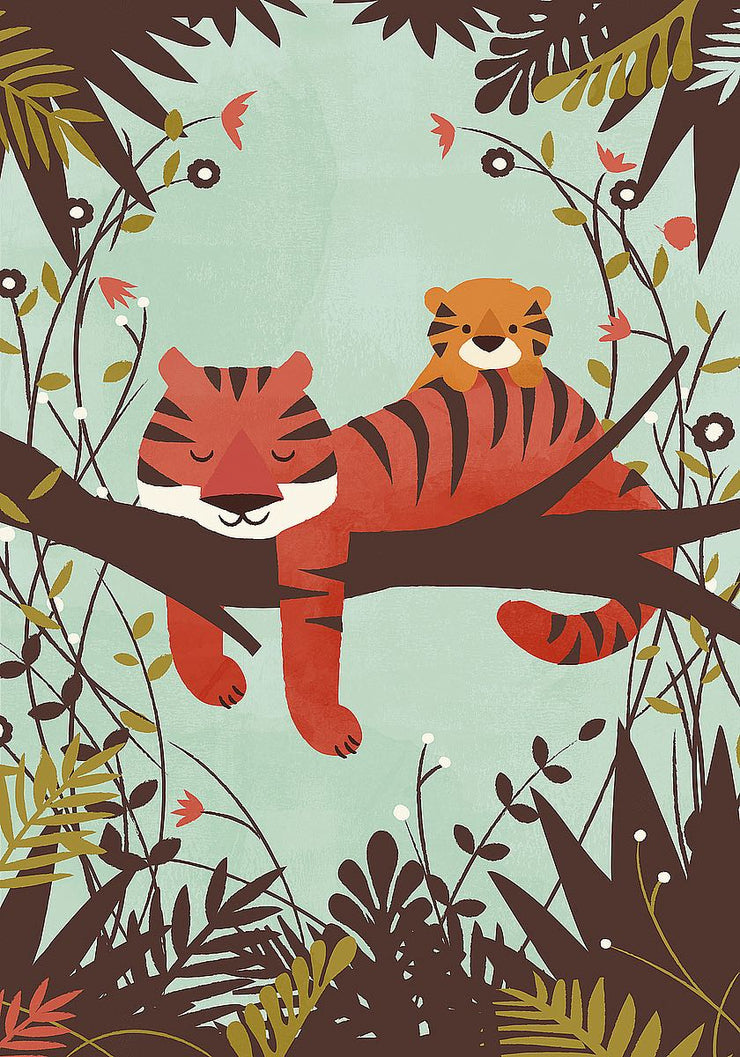 An illustration of a tiger sleeping on a branch in a lush jungle. Its baby sits on its back.