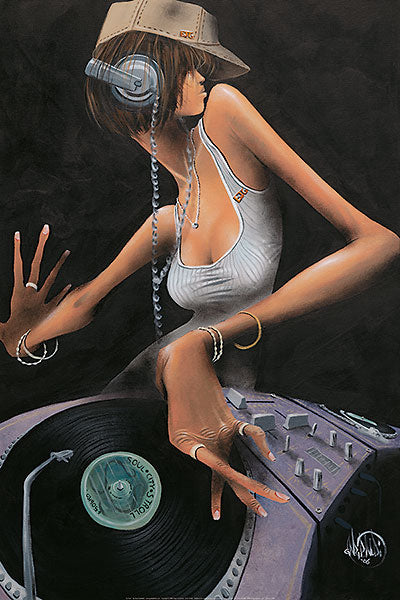 A tan woman in a grey tank-top DJs a record on a disk table. She wears a beige hat and grey headphones, her hair covering her face. Her and the table's proportions are exaggerated.