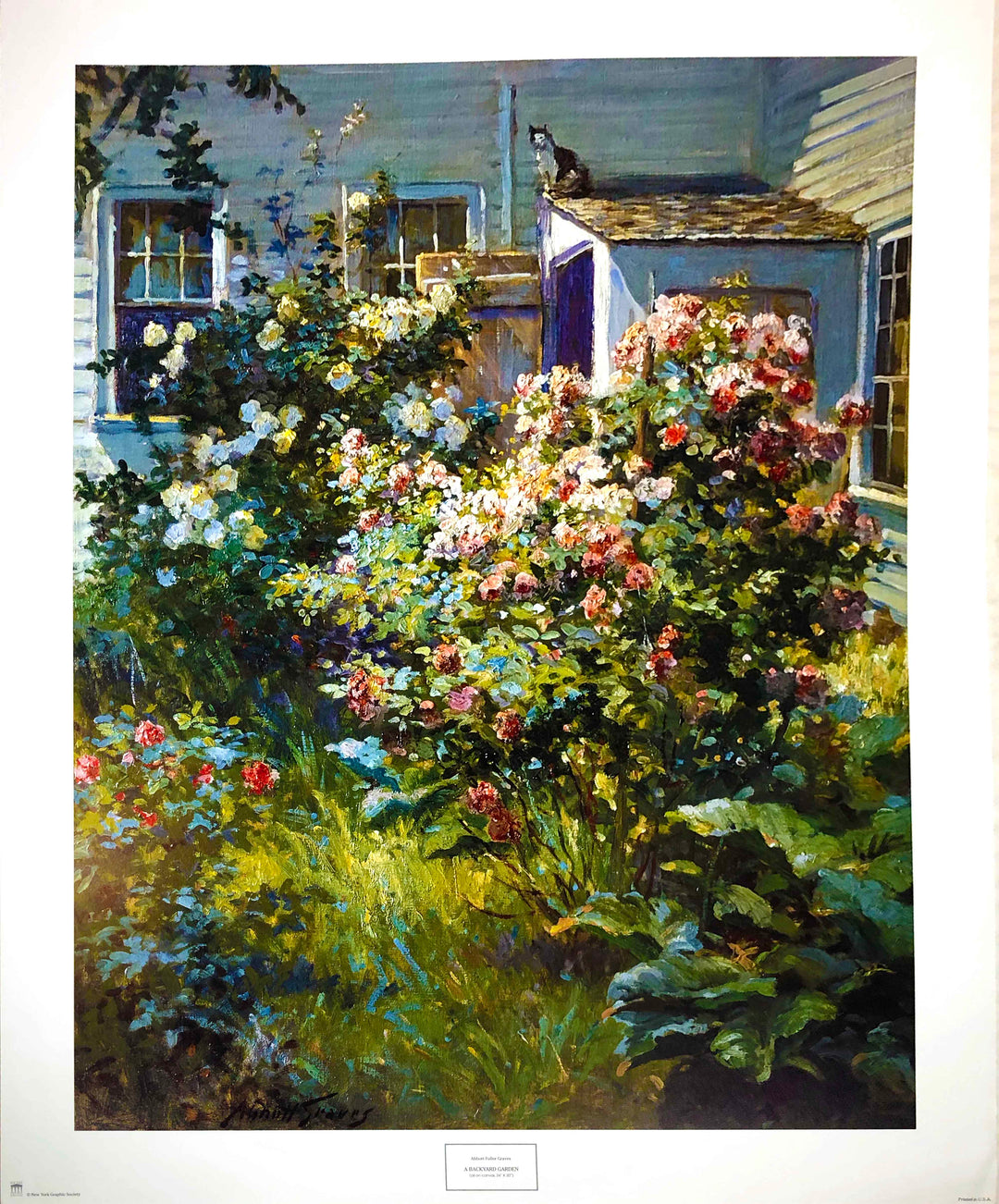 A garden with a white house in the background. The bushes of roses block the house from view, with tall grass and other flowers at the foot of the bushes. Dimensions: 26" x 32" paper / 22" x 28" image