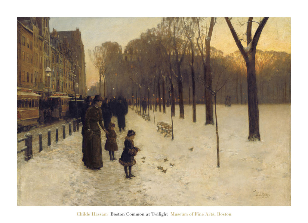 A Victorian child feeds the birds by a winter park. Her mother and the busy street are behind her. There is a contrast between the busy city and the serene park.
