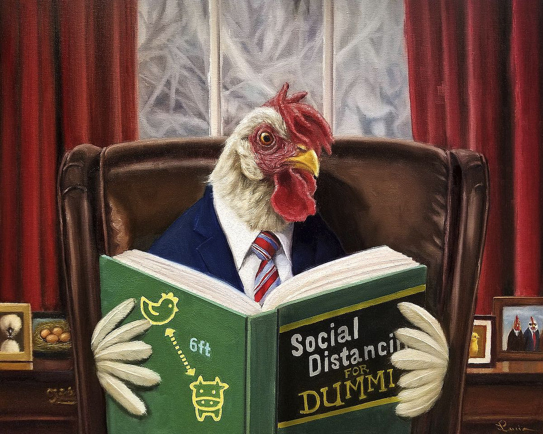 A chicken in a suit sits in a leather chair reading a book titled "Social Distancing for Dummies." Photos sit on the chicken's desk. Red curtains hang at a window looking out at winter branches.