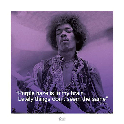 A photograph of musician Jimi Hendrix playing his guitar. A purple filter is on the photo. The lyrics from one of his songs is laid out over the picture: "Purple haze is in my brain; Lately things don't seem the same."