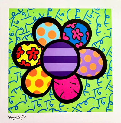 A colourful cartoon flower on a green, patterned background. Six petals are attached to a purple, striped center. Each petal has a different pattern. The artist's signature is printed below the image.