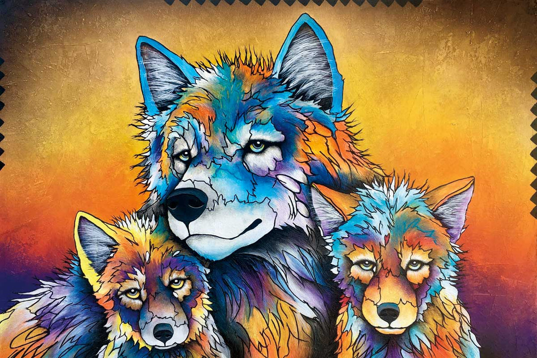 A wolf with two wolf pups on either side of them. Set against an orange background.