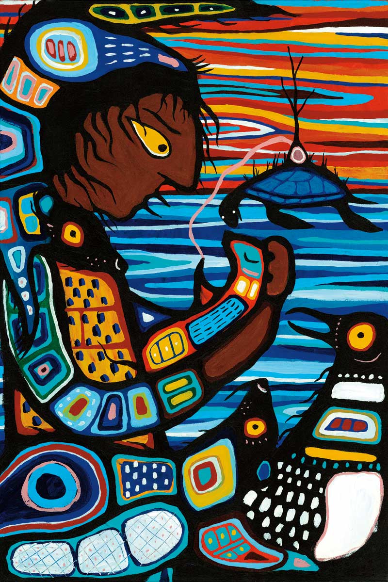 An Indigenous person holds a pair of animals, two more animals at their feet. Turtle Island swims in the background.