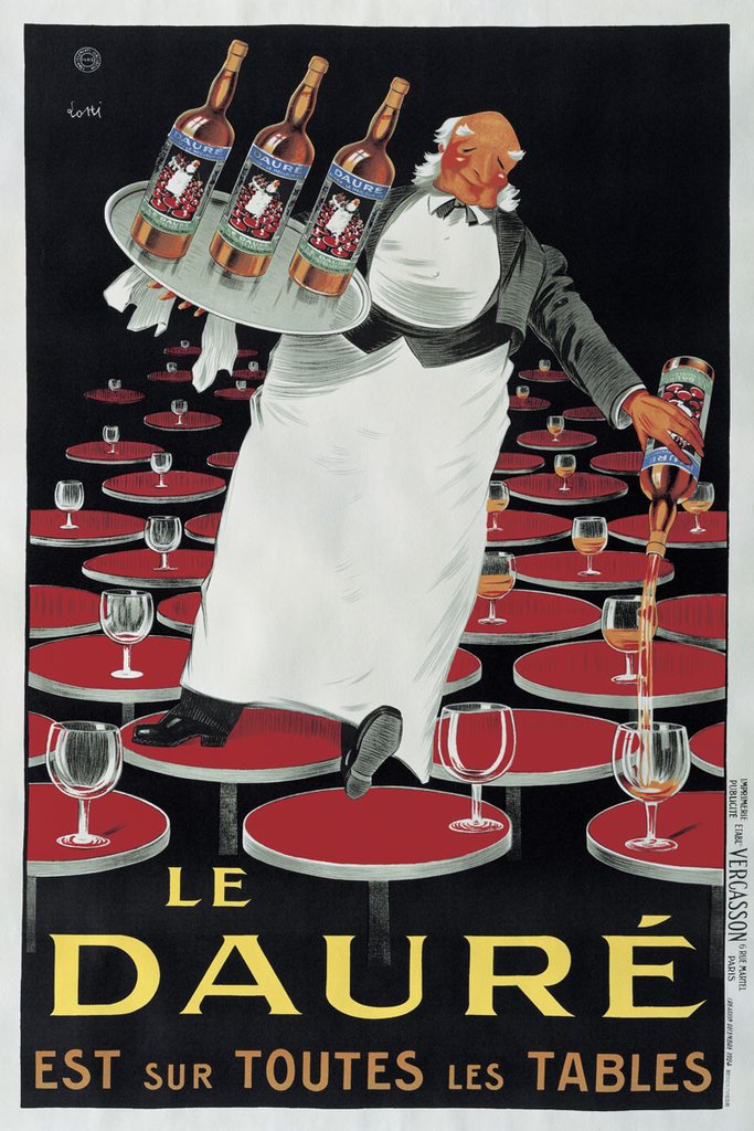 An older man in an apron pours wine into glasses as he walks along red tables. Dimensions: 36" x 24"