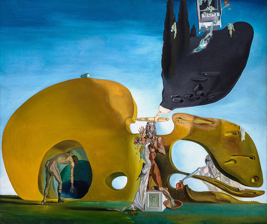 A surreal image depicting a man entering a tunnel, a couple with inhuman heads, and a large, dark shape above them.