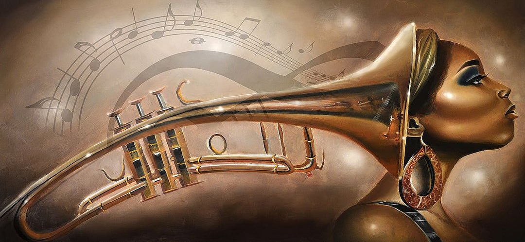 A black woman with a large trumpet sprouting from the back of her head. Music notes dance in the background.