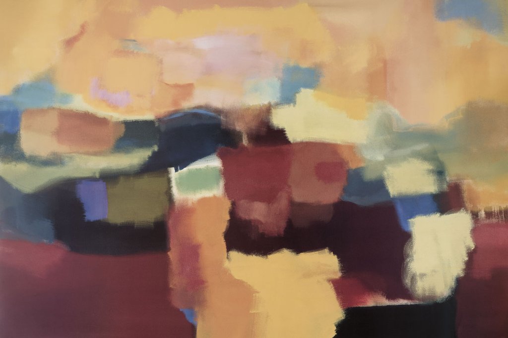 Typography below image on red banner: Nancy Ortenstone; The McGaw Foundation Benefiting AIDS Charities An abstract image of coloured shapes in a landscape form, primarily yellows and burgundy.