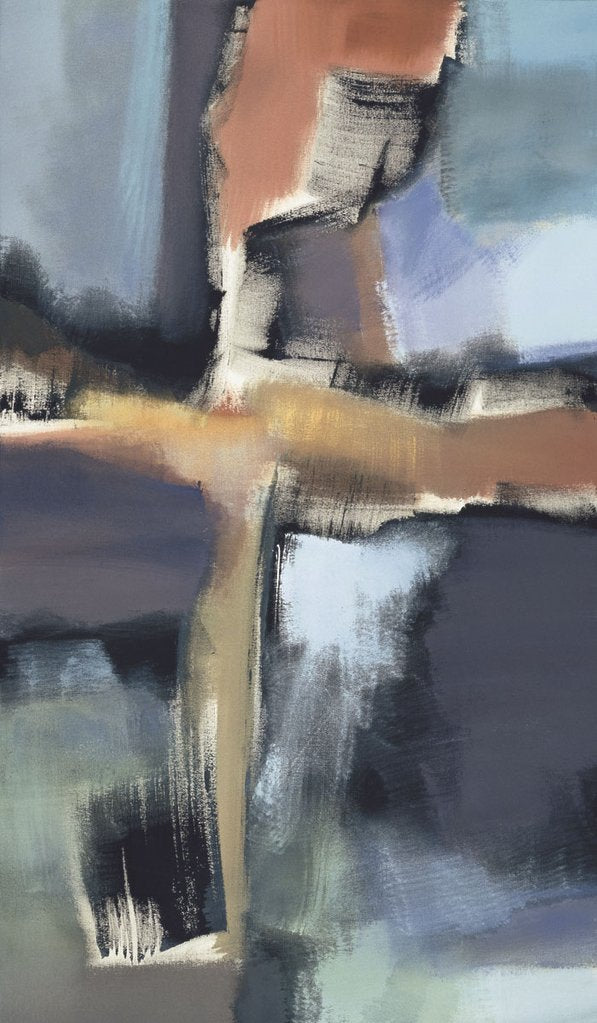 Typography below image: Nancy Ortenstone; Canyon Road Contemporary Art An abstraction of blues and some greens divided by a tan brown cross.