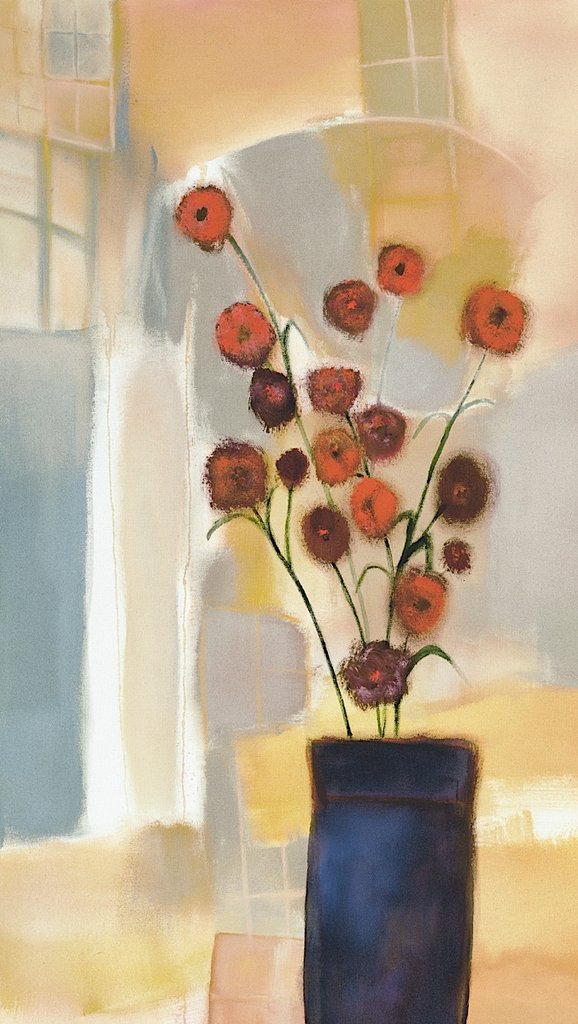 Typography at bottom of image: Nancy Ortenstone Flowers in the Archway An abstract print of red flowers on long green stems in a blue vase. An archway can be seen in the background, as well as what appear to be windows.