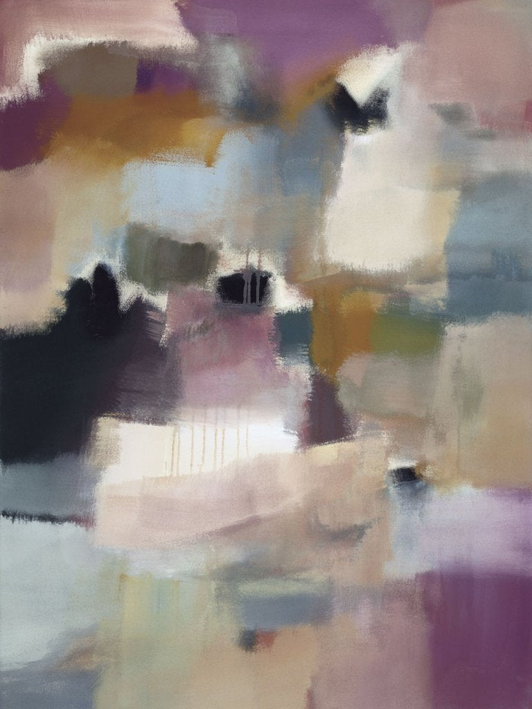 Typography below image: Nancy Ortenstone Blossoming Landscape An abstract print of whites, blues, purples and browns.