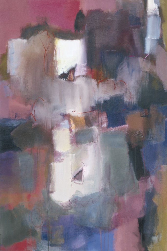 Typography below image: Nancy Ortenstone Elation An abstract of meshing shapes and colours bleeding into each other.