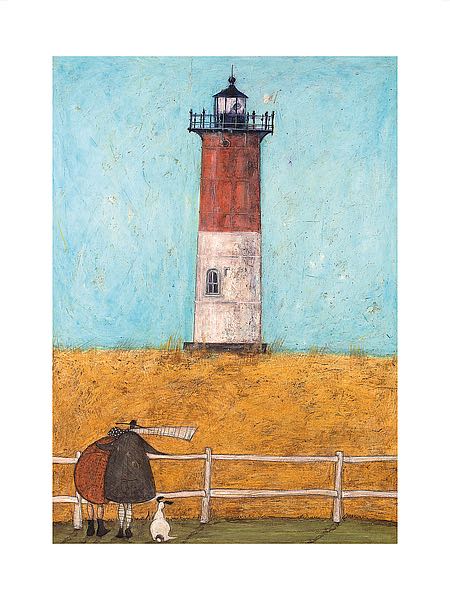 A man in a dark coat has his arm lovingly around a round woman in a brown coat. Their white dog sits next to them. They look up at a red and white lighthouse that sits atop a hill of yellow grass.