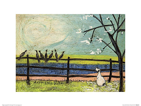 A white dog sits by a tree and a black fence. The dog watches black birds sitting on the fence.