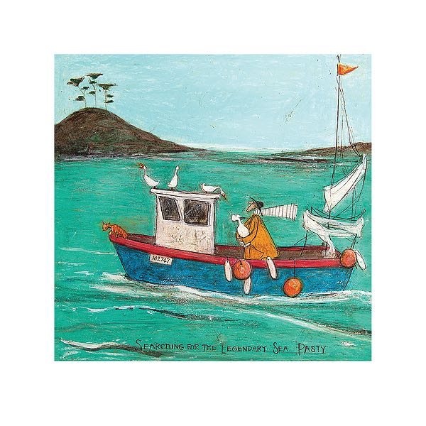 A man in a long, yellow jacket and wide brimmed hat hold his white dog in his arms. They stand in a blue boat in teal water. White birds sit on the cockpit of the boat. Islands can be seen in the distance.
